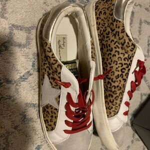 Vintage Havana Leopard Print Sneakers with Red Laces and Silver Heel